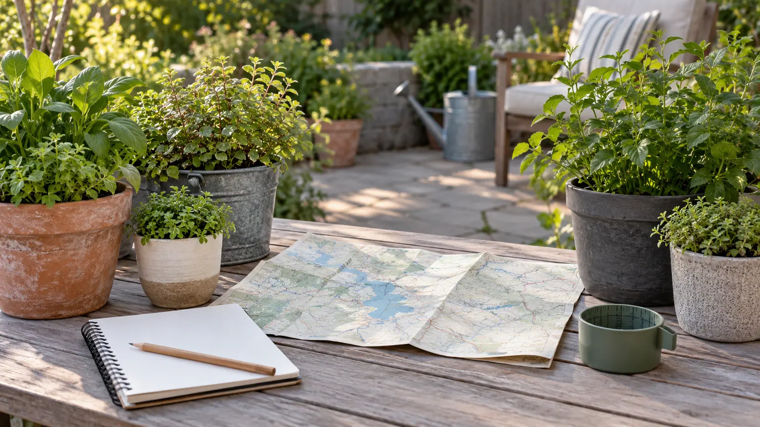 Patio worktable with generic container plants, a regional map, notebook, and pot-size measure for choosing locally suitable native plants.