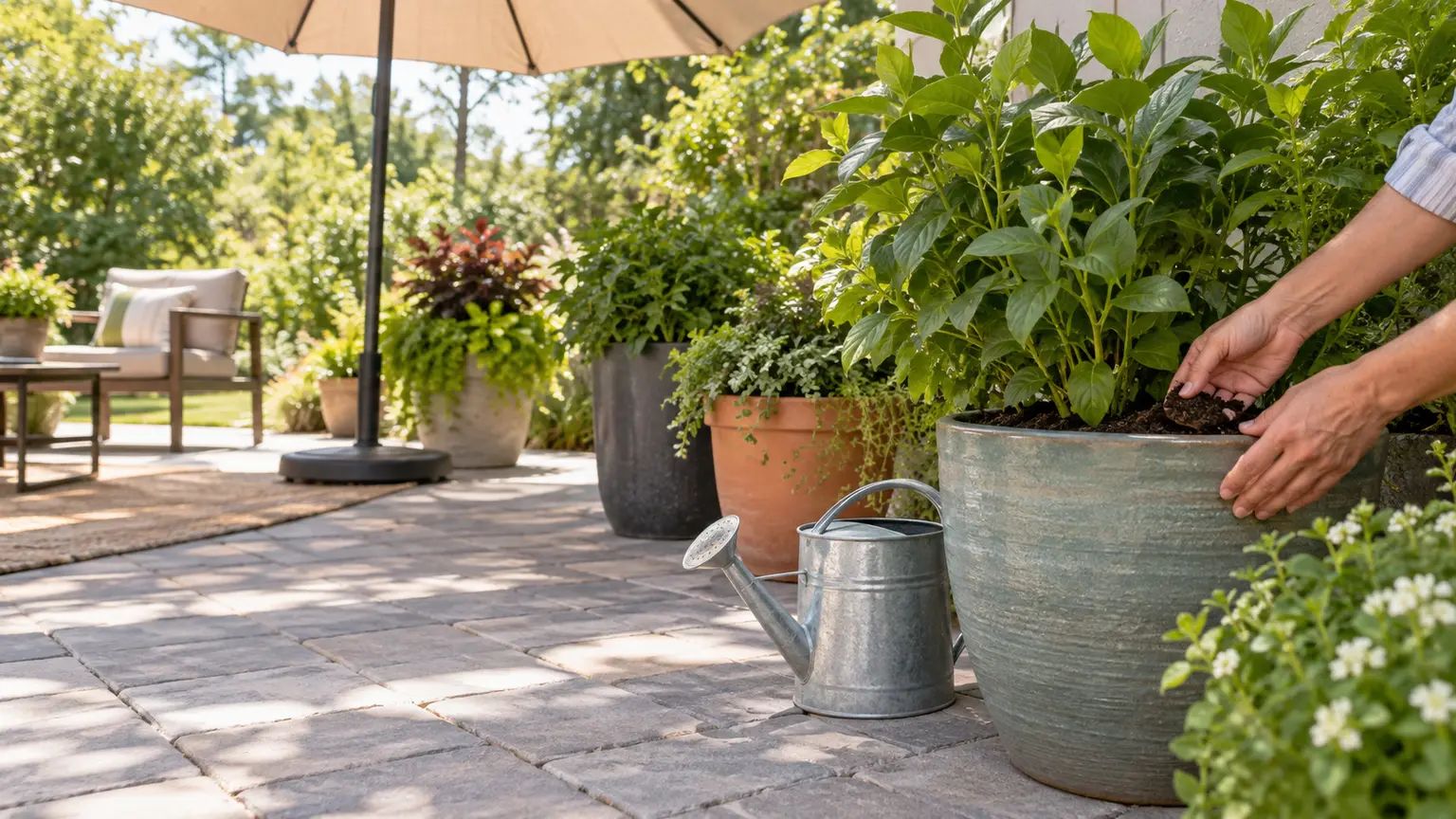Container garden shaded by a patio umbrella with a watering can, illustrating heat-wave care for potted plants.