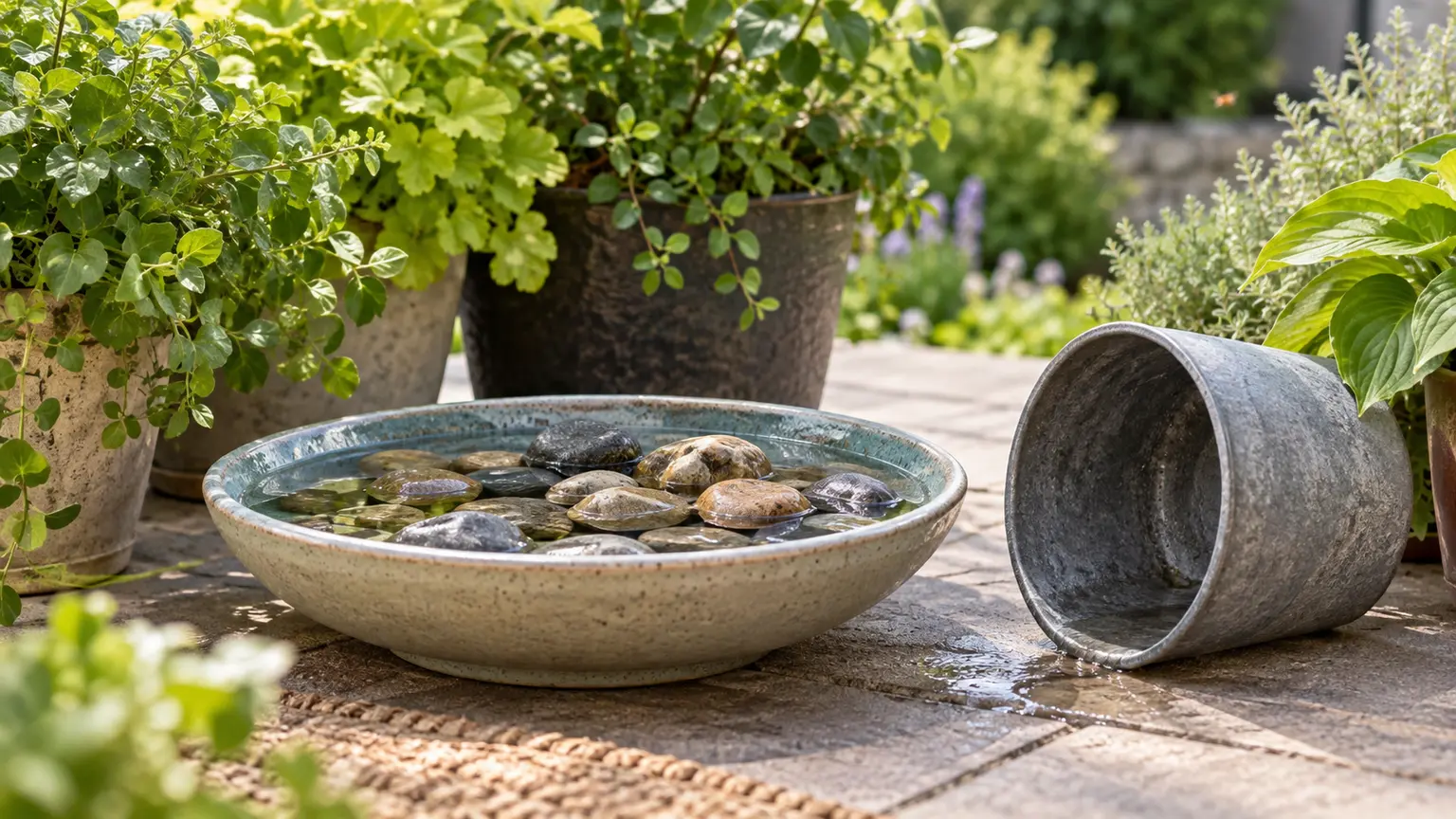 Shallow ceramic water dish with stones beside container plants and an empty draining pot, illustrating a resettable pollinator-water setup.