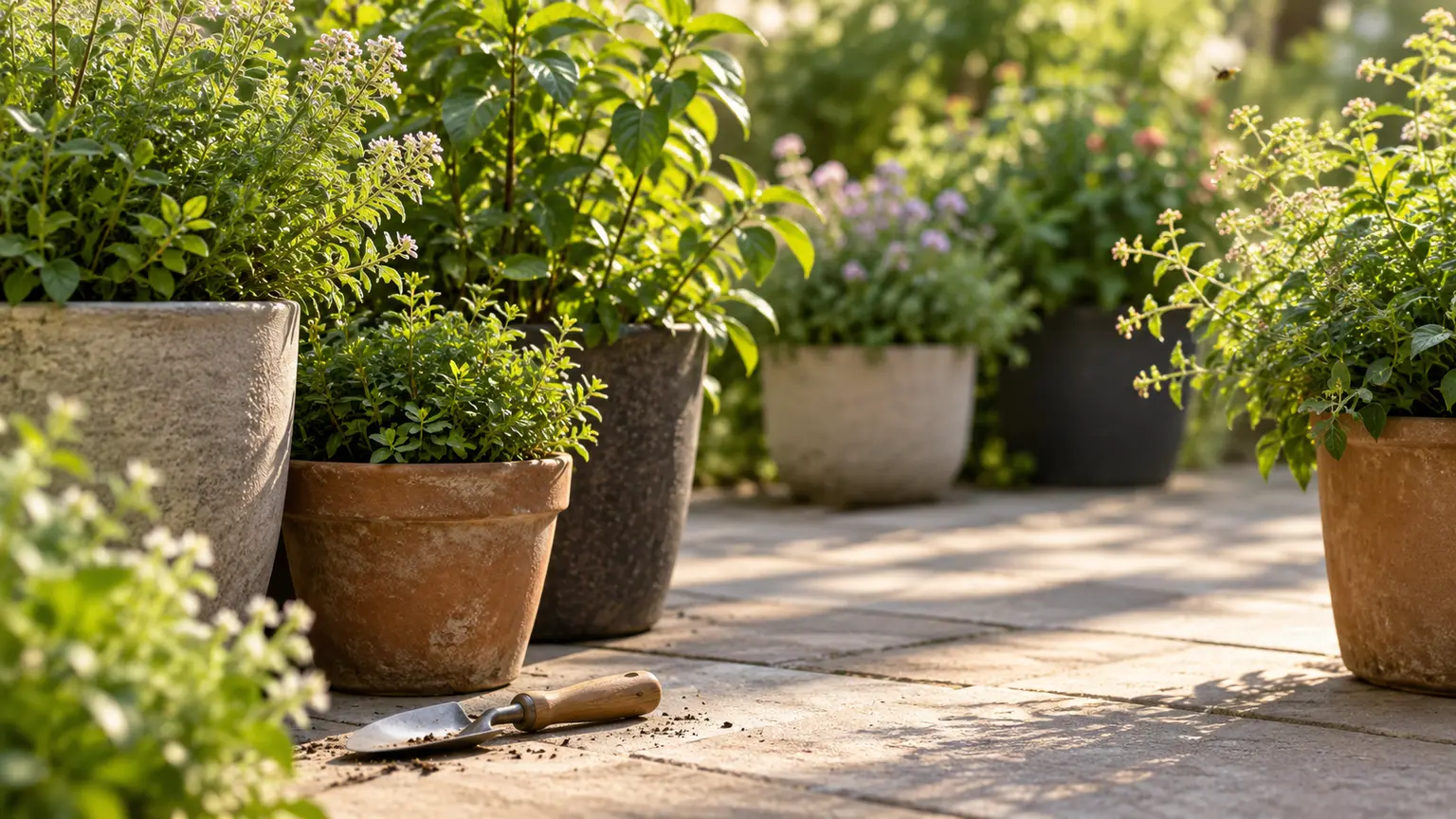 Small patio with container plants, a hand trowel, and soft blossoms illustrating a pesticide-free pollinator plan.