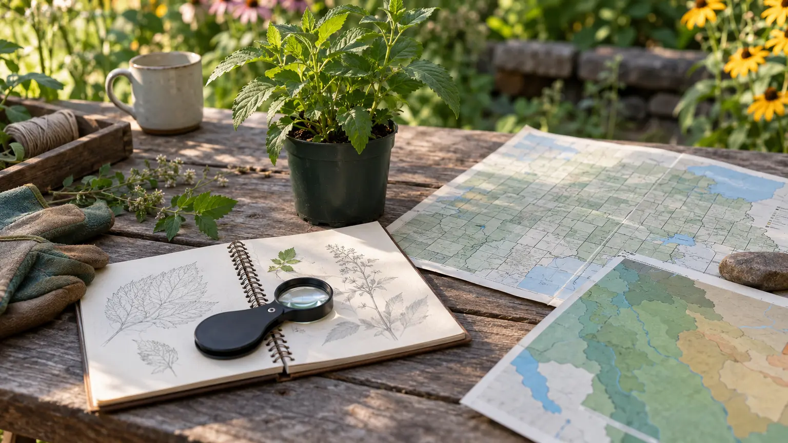Garden worktable with a generic potted plant, a magnifying lens, notebook, and regional map sheets for checking local native status.